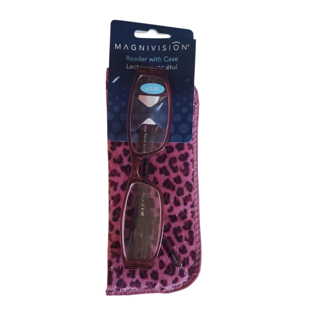 Magnivision +2.00 Reader Glasses With Case Pink Animal Print